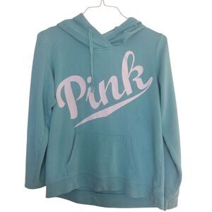 Victoria's Secret Pink‎ Sweatshirt Woman S Aqua Blue Pullover Hoodie White Logo